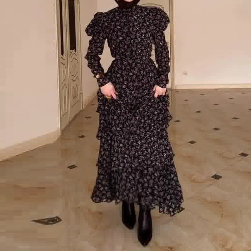 Forever 21 Black Floral Print Cinched Waist Ruffle Long-Sleeve Dress